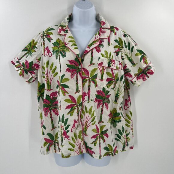 Printfresh Women L Royal Palms Tropical Monkey Print Short Sleeve Pajama Top - Picture 1 of 9